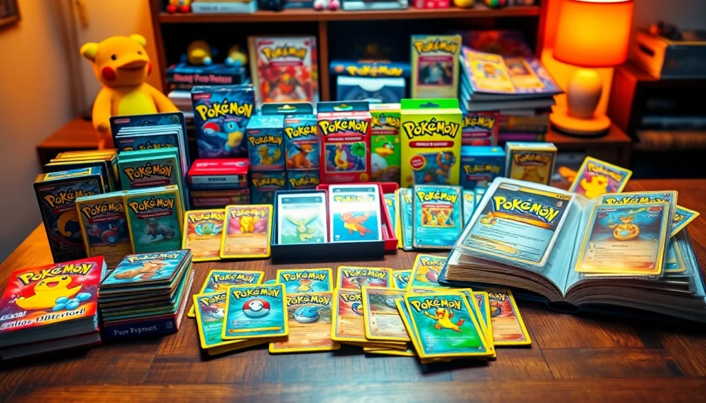 Showcase real Pokémon cards in India with vibrant colors, including booster boxes and single cards, set on a wooden backdrop.
